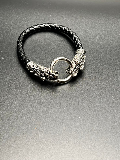 Leather Silver Double Dragon Bracelet