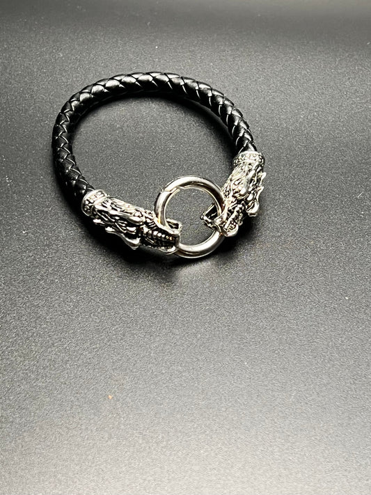 Leather Silver Double Dragon Bracelet