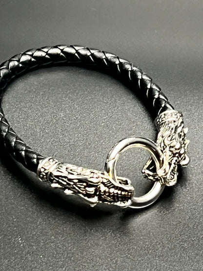 Leather Silver Double Dragon Bracelet